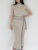 SMTHMA 2022 New Autumn Winter Korean Style Temperament Dress Ladies Slim Waist Lace-Up Knitted Mid-Length Sweater Dress Vestidos