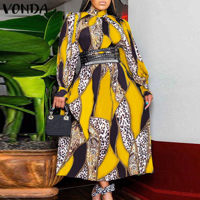 Bohemian Maxi Dress 2022 VONDA Summer Women Sundress Vintage Puff Sleeve Printed Party Long Dress Casual Vestido Robes Oversized