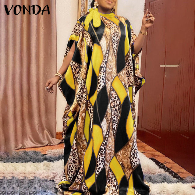 Bohemian Maxi Dress 2022 VONDA Summer Women Sundress Vintage Puff Sleeve Printed Party Long Dress Casual Vestido Robes Oversized