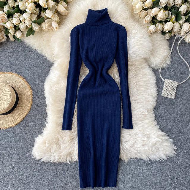 Pullover Kleid 2022 Winter Rollkragen Warm Langarm Strickkleid Koreanische Mode Lässig Feste Frauen Midi Figurbetontes Kleid