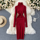 Sweater Dress 2022 Winter Turtleneck Warm Long Sleeve Knit Dress Korean Fashion Casual Solid Women Midi Bodycon Dress