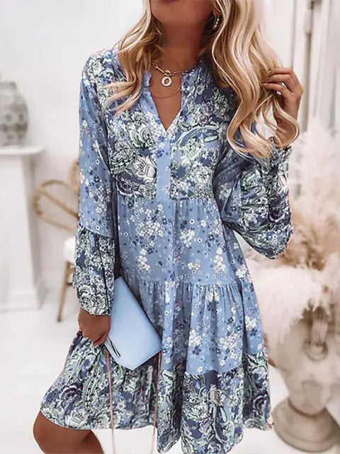 Elegant Retro Floral Print Flare Sleeve Mini Dress Spring Ruffle Loose Women Party Dress Casual V Neck Beach Pullover Dress 2022