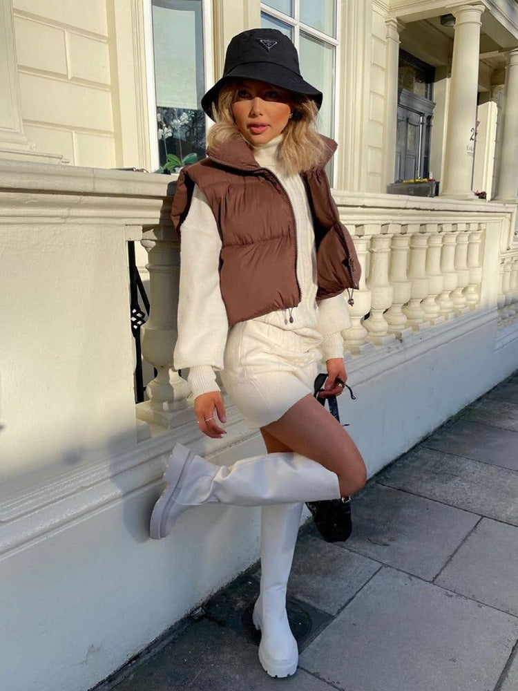 2022 Women Fashion Brown Cropped Vest Coat Female Stand Collar Zipper Waistcoat Ladies Casual Outerwear
