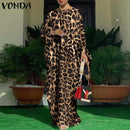 Women Kaftan Dress 2022 VONDA Summer Vintage Leopard Print Party Long Maxi Dress Casual Long Sleeve Pleated Robe Beach Vestidos
