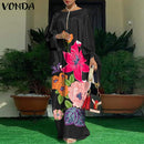 Women Kaftan Dress 2022 VONDA Summer Vintage Leopard Print Party Long Maxi Dress Casual Long Sleeve Pleated Robe Beach Vestidos