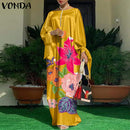 Women Kaftan Dress 2022 VONDA Summer Vintage Leopard Print Party Long Maxi Dress Casual Long Sleeve Pleated Robe Beach Vestidos