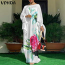 Women Kaftan Dress 2022 VONDA Summer Vintage Leopard Print Party Long Maxi Dress Casual Long Sleeve Pleated Robe Beach Vestidos