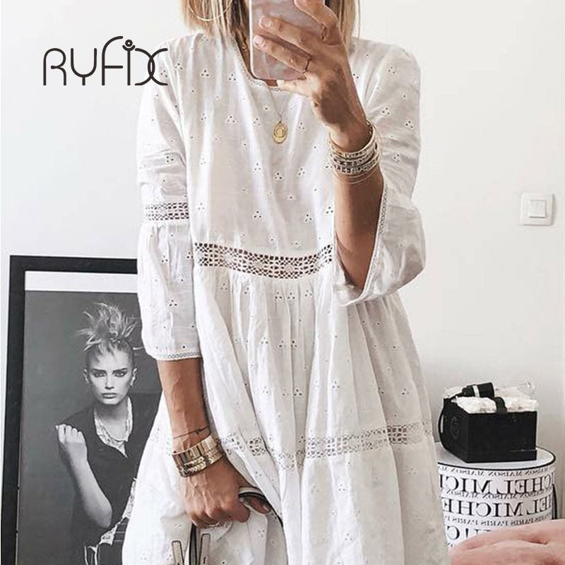 2022 5XL New Women Elegant Embroidered Lace Dress White Female Splicing Dress Floral Hollow Out Loose Casual Party Vestidos BG74