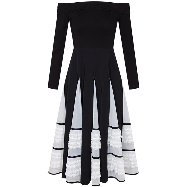 YIGELILA Spring New Arrivals Black Dress Slash-neck Long Sleeves Elegant A-line Dress Dinner Party Dress Mid-calf 65241