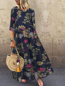 2022 Autumn Summer ZANZEA Pleated Dress Women Vintage Vestidos Robe Printed Long Maxi Dresses  Femme 3/4 Sleeve Tunic