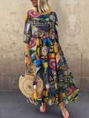 2022 Autumn Summer ZANZEA Pleated Dress Women Vintage Vestidos Robe Printed Long Maxi Dresses  Femme 3/4 Sleeve Tunic
