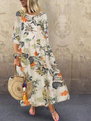 2022 Autumn Summer ZANZEA Pleated Dress Women Vintage Vestidos Robe Printed Long Maxi Dresses  Femme 3/4 Sleeve Tunic