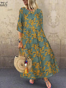 2022 Autumn Summer ZANZEA Pleated Dress Women Vintage Vestidos Robe Printed Long Maxi Dresses  Femme 3/4 Sleeve Tunic