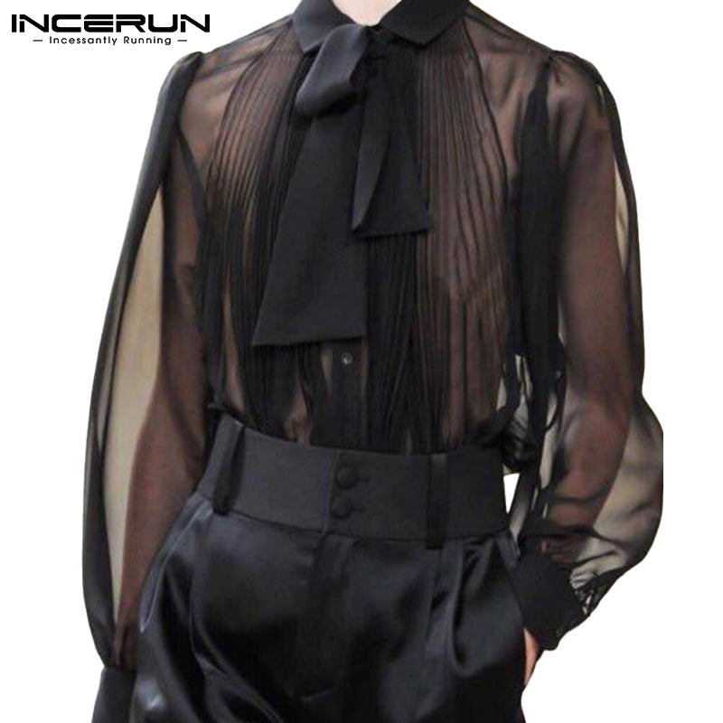 INCERUN Men Sexy Shirt Mesh See Through Folds Lapel Long Sleeve Camisas WIth Tie Streetwear 2022 Solid Color Party Men Clothing