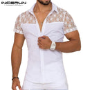 Men Shirt Lace Mesh Patchwork Lapel Short Sleeve Streetwear See Through Sexy Camisas Summer 2022 Party Men Clothing INCERUN 7