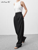 Mnealways 18 primavera verano negro señoras pantalones de oficina mujeres pantalones de cintura alta bolsillos mujer plisado pantalones de pierna ancha sólido 2022
