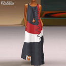 ZANZEA 2022 Womens Autumn Sundress Stitching Maxi Dress Casual Long Sleeve Tunic Vestidos Female Cotton Linen Robe