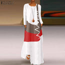 ZANZEA 2022 Womens Autumn Sundress Stitching Maxi Dress Casual Long Sleeve Tunic Vestidos Female Cotton Linen Robe