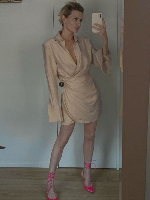 2022 Spring Padded Shoulder Long Sleeve Fashion Female Shirt Dress Woman Elegant Sexy Ruched Casual Party Dresses for Women 2021
