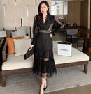 JSXDHK 2022 New Runway Designer Women Black Long Dress Elegant Spring Chiffon Patchwork Lace V Neck Lantern Sleeve Pleated Dress