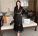 JSXDHK 2022 New Runway Designer Women Black Long Dress Elegant Spring Chiffon Patchwork Lace V Neck Lantern Sleeve Pleated Dress