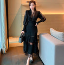 JSXDHK 2022 New Runway Designer Women Black Long Dress Elegant Spring Chiffon Patchwork Lace V Neck Lantern Sleeve Pleated Dress