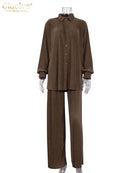 Clacive Causal Loose Home Suit Autumn Long Sleeve Blouse With High Wasit Pants Set Women Elegant Pleated Beige 2 Piece Pant Sets