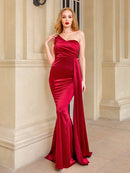 One Shoulder Padded Sexy Satin Maxi Dress Women&