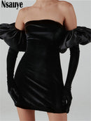 Nsauye 2021 Long Puff Sleeve Off Shoulder Autumn Winter Elegant Evening Party White Black Mini Dress Sexy Women Kawaii Dresses