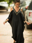2022 Sexy Cold Shoulder V Neck Bats Sleeve Loose Summer Beach Dress Tallas grandes Mujeres Beachwear Kaftan Black Dress Q943