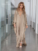 2022 Sexy Cold Shoulder V Neck Bats Sleeve Loose Summer Beach Dress Tallas grandes Mujeres Beachwear Kaftan Black Dress Q943