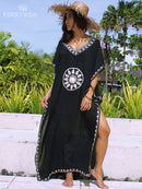2022 Sexy Cold Shoulder V Neck Bats Sleeve Loose Summer Beach Dress Tallas grandes Mujeres Beachwear Kaftan Black Dress Q943