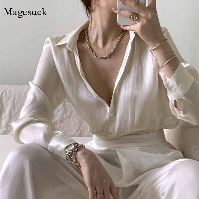 Button Up Satin Silk Shirt Vintage Autumn Fashion Blouse Women White Lady Long Sleeves Female Korean Loose Street Shirts 11971