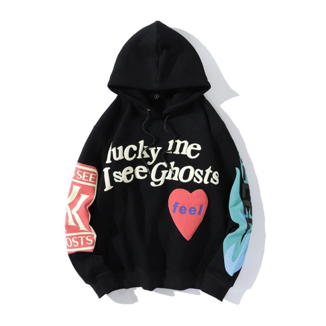 Kanye West Hoodies Lucky Me I See Ghosts Sweatshirt Smiley Flame Print Round Neck Pullover Men Women Oversized Fleece Streetwear