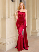 One Shoulder Padded Sexy Satin Maxi Dress Women&