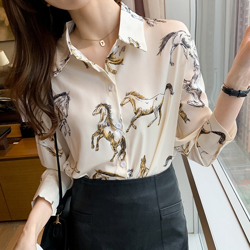 2021 Autumn Fashion Button Up Satin Silk Shirt Vintage Printed Blouse Women White Ladies Long Sleeve Female Loose Street Shirts