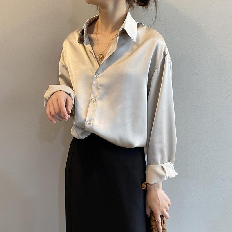 2020 Herbst Neue Mode Button Up Satin Seide Hemd Vintage Bluse Frauen Weiße Dame Lange Ärmel Weibliche Lose Weiche Straße Shirts