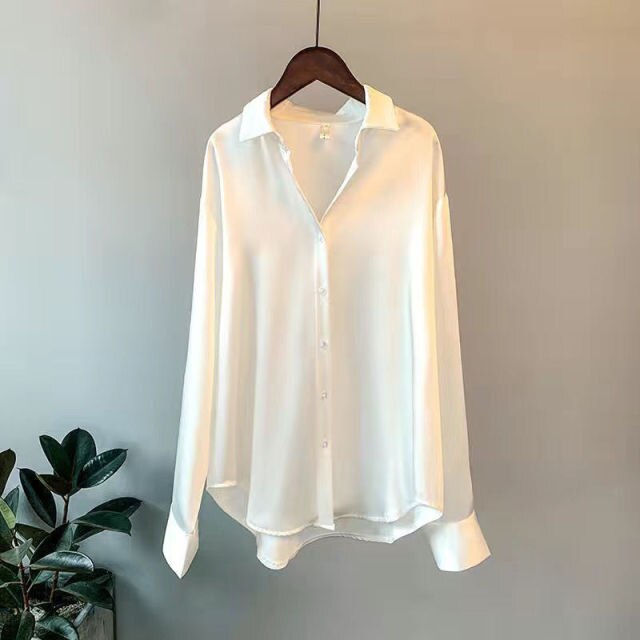 Primavera otoño moda abotonada satén seda camisa Vintage blusa mujer blanca señora manga larga mujer suelta calle camisas blusas