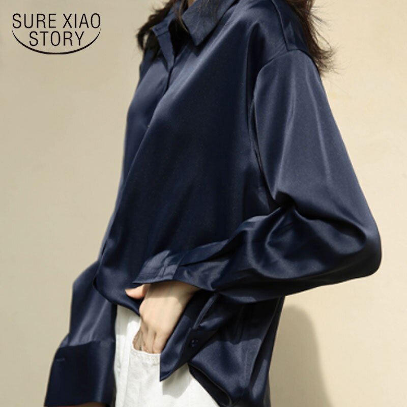 Camisa de seda satinada con botones a la moda de otoño, blusa Vintage para mujer, camisas de calle holgadas de manga larga blancas y azules para mujer 11355