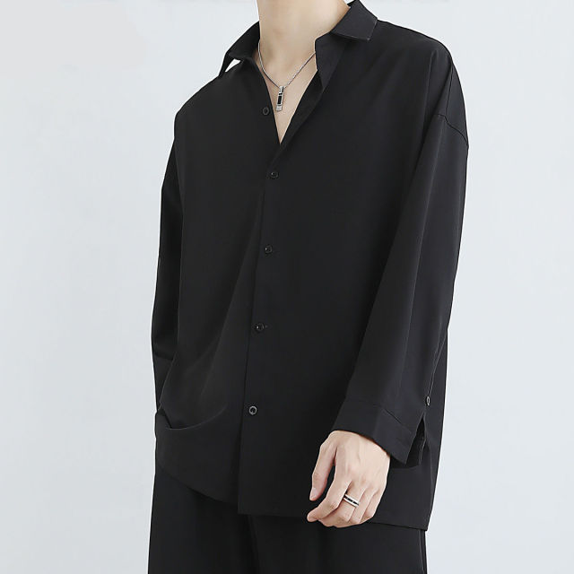 Langarmhemd Herren Seidensatin Harajuku Hemd Einfarbig Schwarz Weiß Button Up Hemden Oversize Vintage Kleidung 2021 Mode