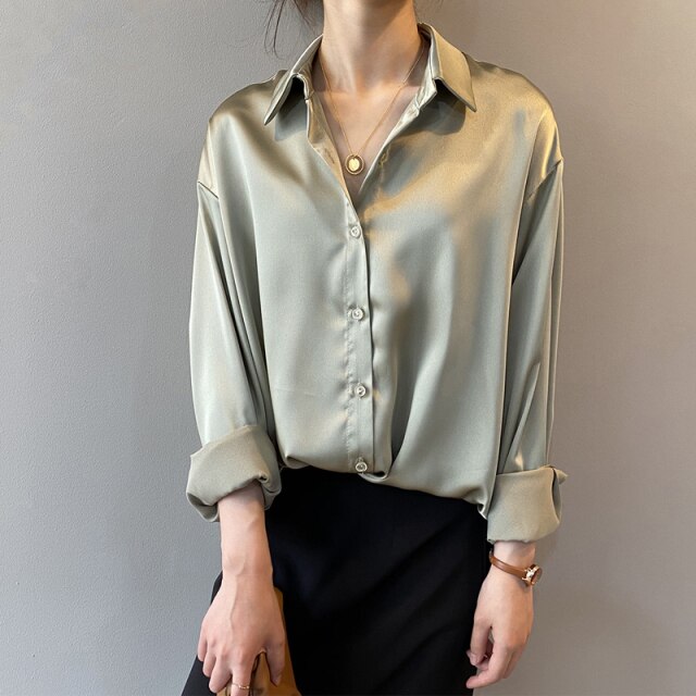 Vintage Bluse Damenmode Button Up Satin Seidenhemd Herbst Langarm Weiße Hemden Tops Lady Chic Korean Office Shirt 11355