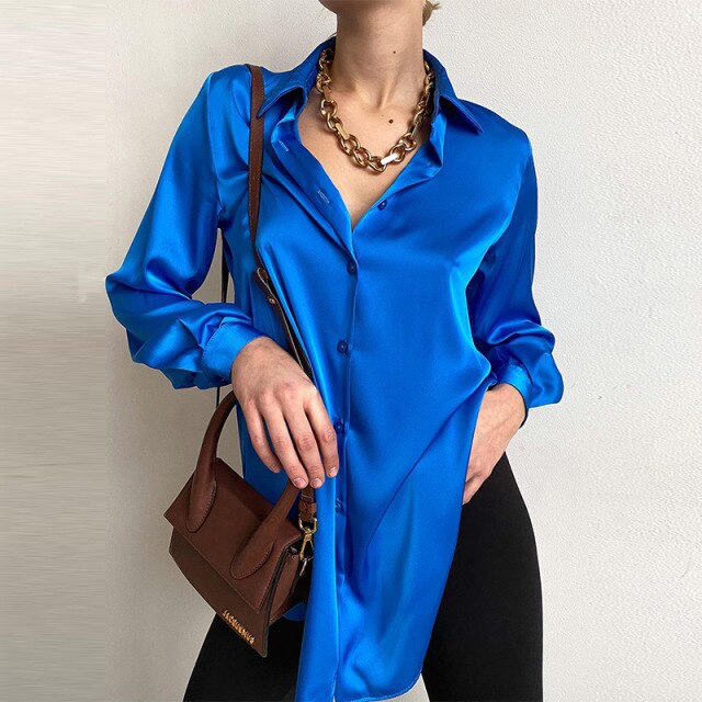 Satin Damenhemd Polokragen Büro Damenbluse Vintage Blau Grün Seidenhemd Lose Button Up Down Shirts Schwarze Mode Tops