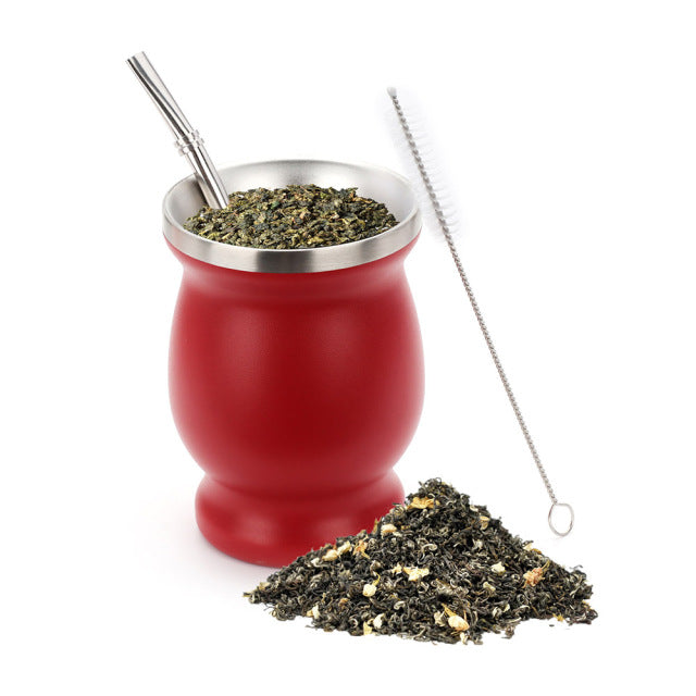 1 Juego de 230ML Bombilla Set Yerba Mate calabaza taza de té de acero inoxidable con una cuchara y cepillo aislamiento térmico Anti escaldado