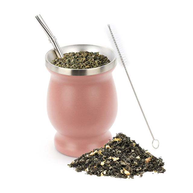 1 Set 230ML Bombilla Set Yerba Mate Gourd Stainless Steel Tea Cup with One Spoon and Brush Heat Insulation Anti Scalding