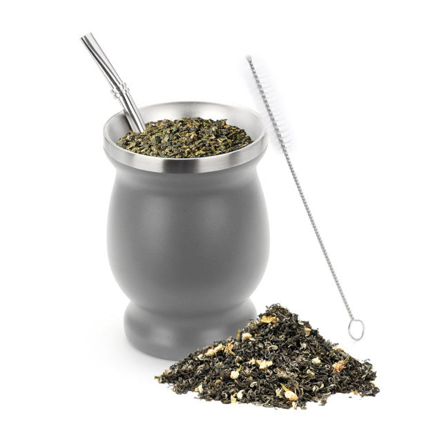 1 Set 230 ml Bombilla Set Yerba Mate Gourd Teetasse aus Edelstahl mit einem Löffel und einer Bürste Wärmeisolierung gegen Verbrühungen