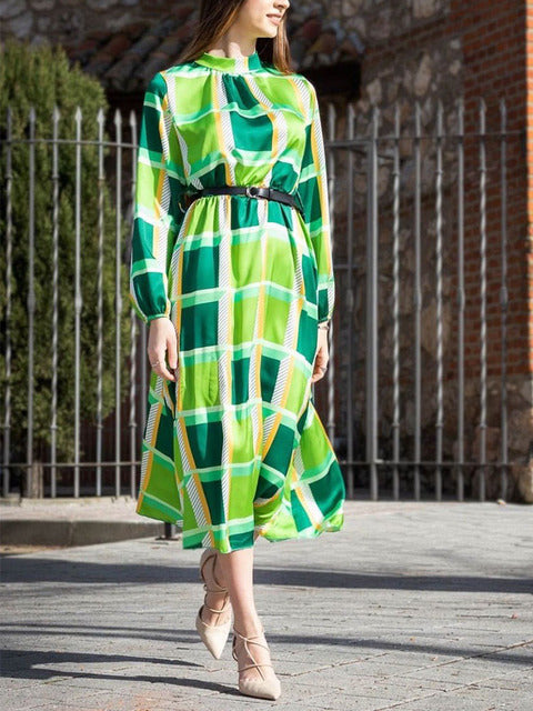 2022 neue hochwertige Frühling High Neck 3/4 Ärmel Vintage Print langes Kleid Frauen Mode Kleider böhmischen Muster Vestidos Robe