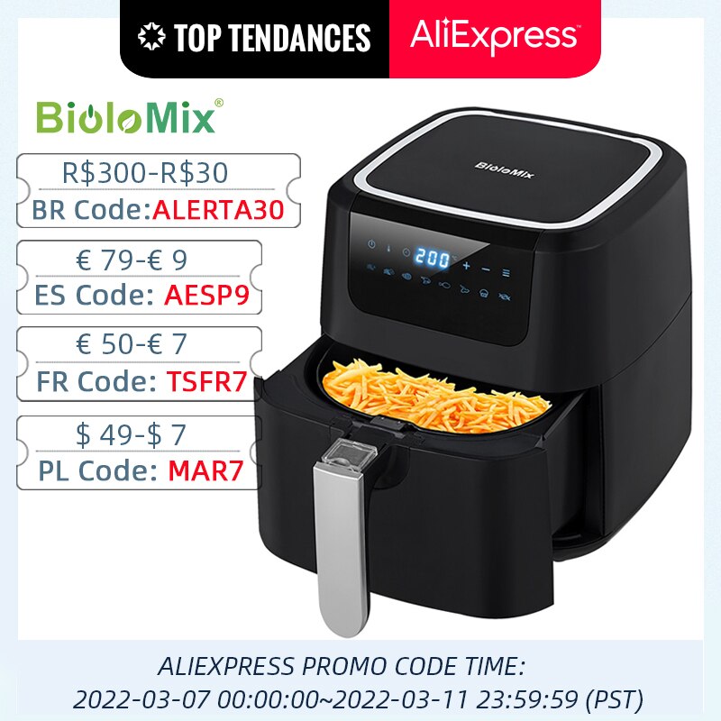 BioloMix Air Fryer One Touch Screen con 8 funciones de cocción, olla doble antiadherente, horno de freidoras de aire sin aceite negro de 5L
