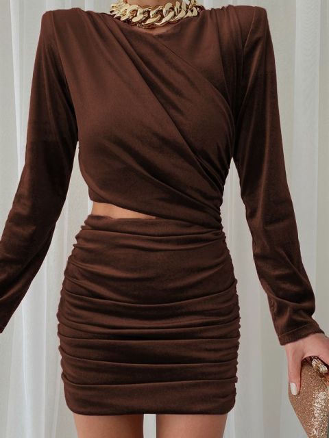 FSDA 2021 ahueca hacia fuera el vestido ajustado Mini mujeres marrón Otoño Invierno Sexy cuello redondo manga larga elegante vestidos de fiesta negro Club