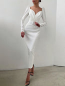 InstaHot Elegant Party Women Dress Slim V Neck Long Sleeve Mid Calf Pencil Dress 2020 Casual Office Lady Solid Red Puff Sleeve