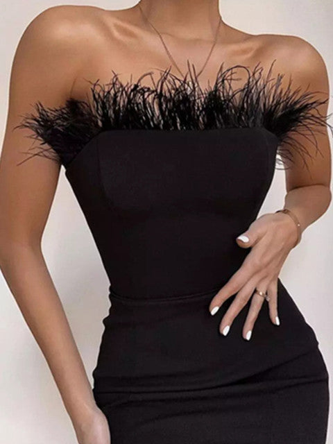 New Summer Sexy Strapless Backless Feather Black Midi Women Bodycon Bandage Dress 2022 Designer Fashion Party Club Dress Vestido